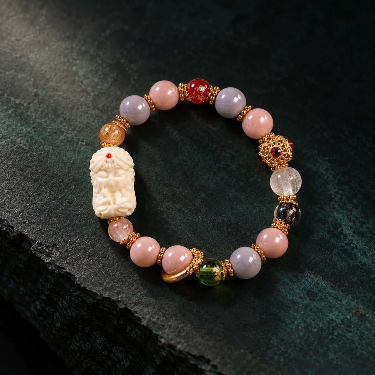 Still Mind symbolic bracelet on dark mineral stone