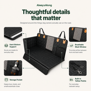 Hard-bottom dog car seat cover details with waterproof surface and safety tether