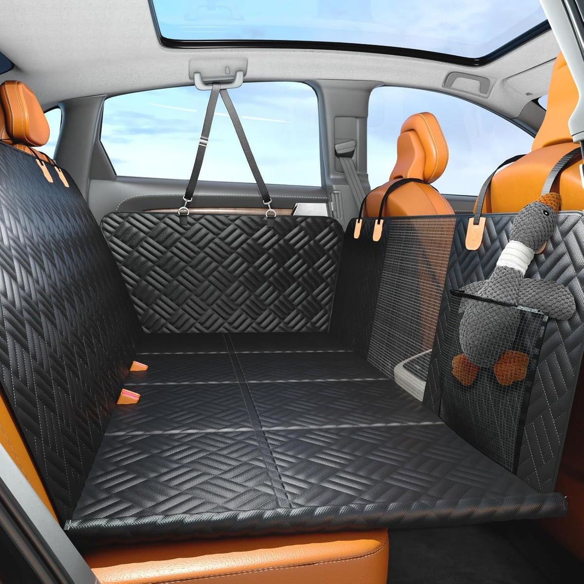 Black hard-bottom dog car seat cover variant with backseat bridge support