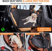 Dog resting on a supported backseat extender instead of falling into the footwell