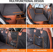 Hard-bottom truck dog seat cover with door protection mesh barrier and storage pocket