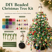 DIY beaded Christmas tree kit contents and finished green beaded tree