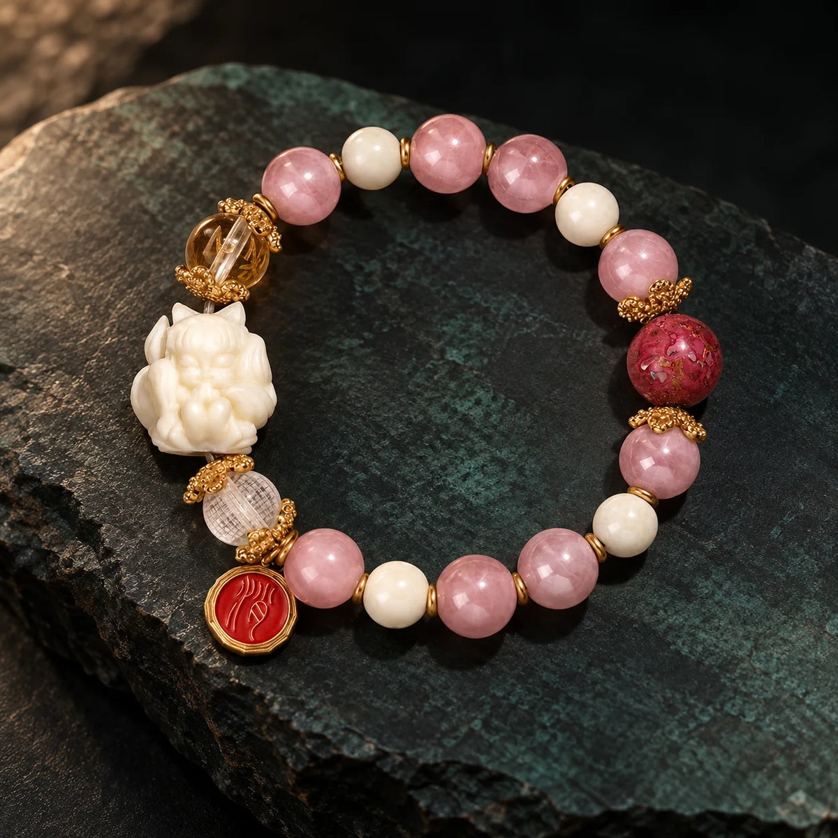 Rose Dawn fox motif bracelet in blush and ivory tones
